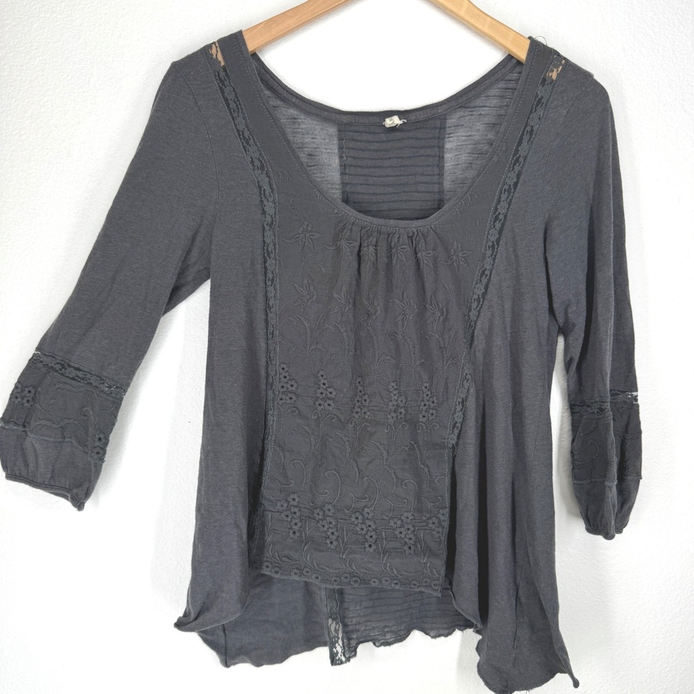 TINY Anthropologie Lace Embroidered Gauze Tunic‎ Top XS Sharkbite Hem Peasant